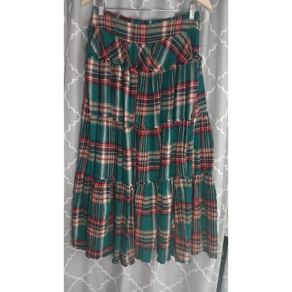 Oli & Hali Small Plaid Green Red Holiday Heavy Pocket Maxi Festive Tiered Skirt